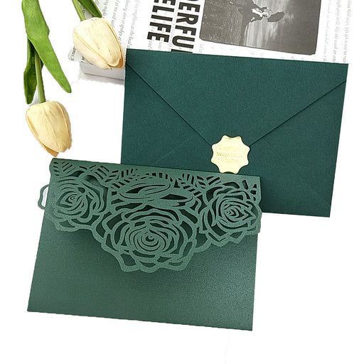 10 Pieces Forest Green Laser Cut Tri-fold Wedding and Birthday Invitation Card Kit - Dio Kollections