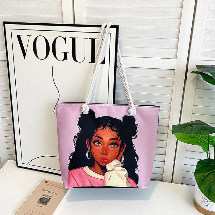 Tote bag with a graphic of a person with styled hair on a white surface.