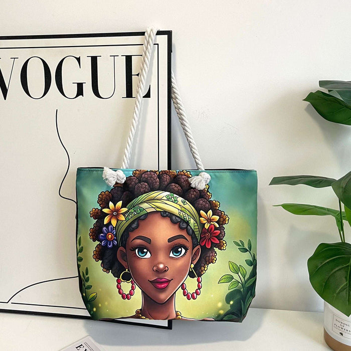 Tote bag with a design of a woman's face on a magazine with 'VOGUE' branding.