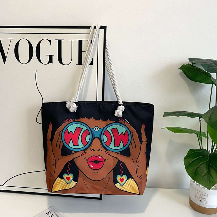 Tote bag with artistic design of a woman wearing sunglasses and holding 'WOAH' in front of her eyes, placed on top of a Vogue magazine.