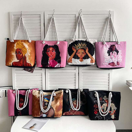 Set of tote bags with artistic depictions of women hanging on a rack.