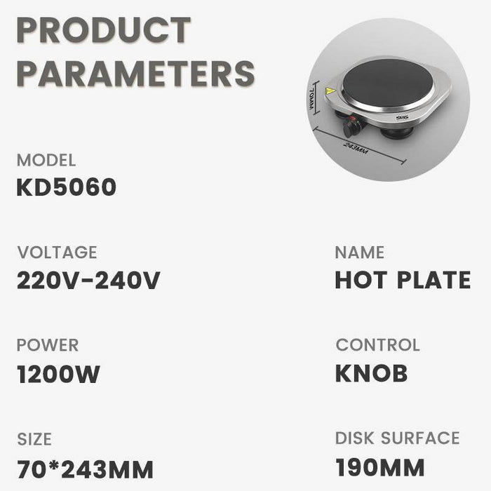 Hot plate with product parameters on a white background