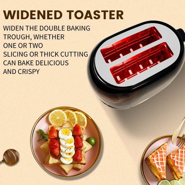 Toaster with widened baking trough, shown with toast and fruit on a plate.