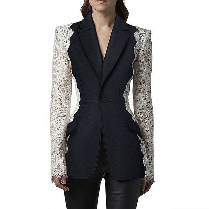 Dio Women's Elegant Slim Fit Black Lace Splicing Blazer - Dio Kollections