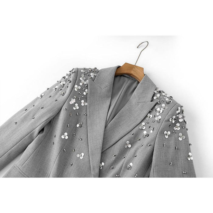 New Gray Suit Skirt Heavy Bead Sequin Fashion Short Skirt Set Two-Piece Set - Dio Kollections