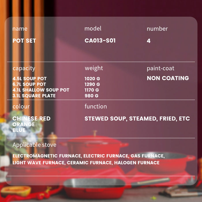 Product label for a pot set with specifications and features.