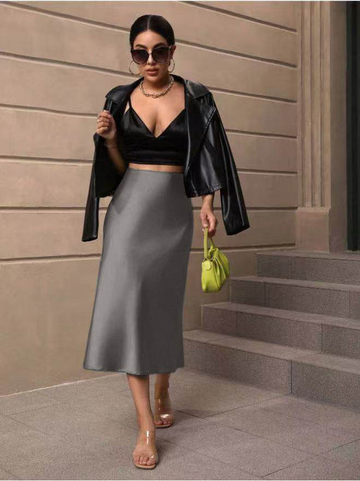 Dio Elegant Satin Midi Fishtail Skirt with Splicing Detail - Dio Kollections