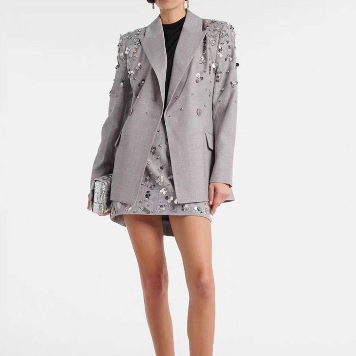 New Gray Suit Skirt Heavy Bead Sequin Fashion Short Skirt Set Two-Piece Set - Dio Kollections