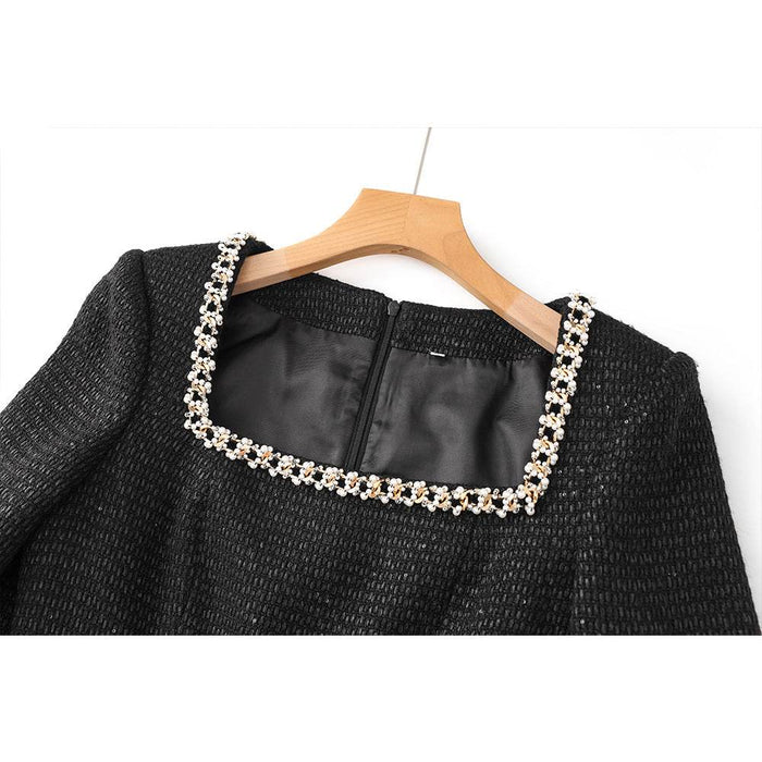 Autumn/Winter New Black Burled Square Neck Beaded Waist Long Sleeve Slim Dress - Dio Kollections