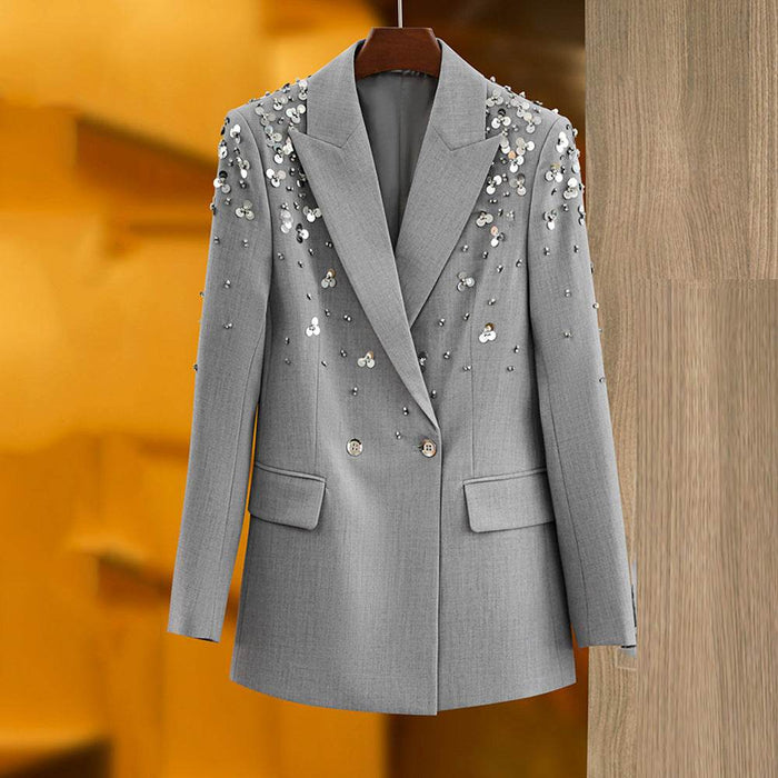 New Gray Suit Skirt Heavy Bead Sequin Fashion Short Skirt Set Two-Piece Set - Dio Kollections