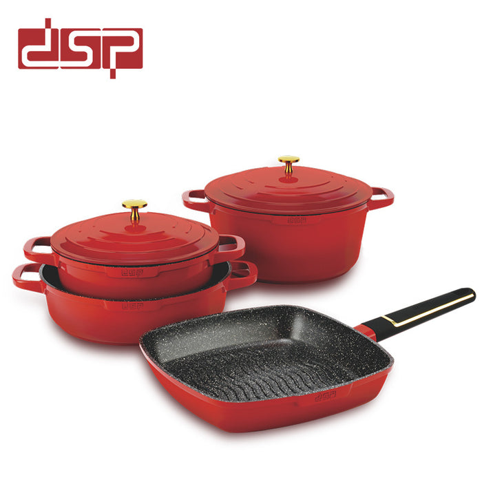 Set of red cookware including pots and a frying pan on a white background with DSP logo.