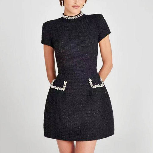 Autumn/Winter New Black Burled Square Neck Beaded Waist Long Sleeve Slim Dress - Dio Kollections