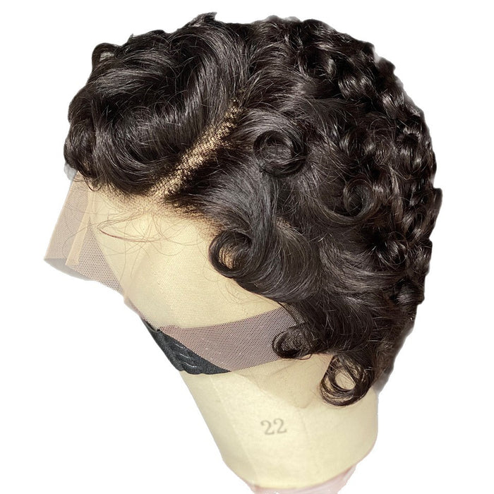 Curly wig on a mannequin head with a white background