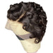 Curly wig on a mannequin head with a white background