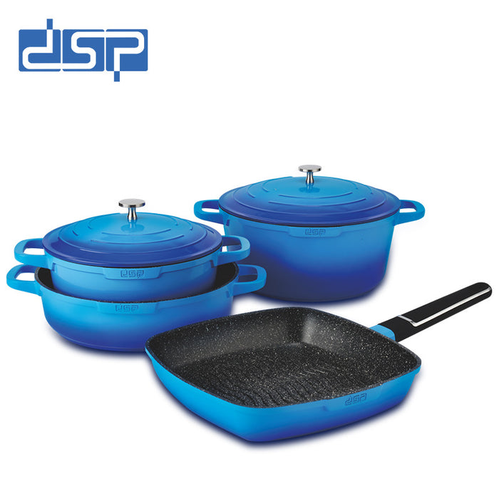 Set of blue cookware with a frying pan on a white background, featuring the DSP brand.