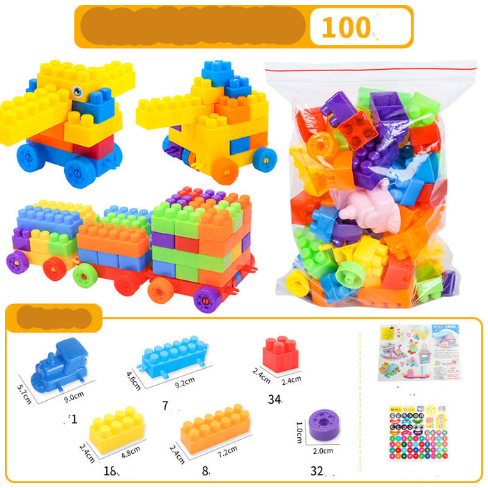 A bag of colorful large-grained building blocks shown with assembled toy train models and product information labels. The image includes a clear plastic bag filled with multicolored blocks, two yellow toy trains built from the blocks, and a bottom panel showing block types, counts, and sizes 