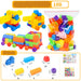 A bag of colorful large-grained building blocks shown with assembled toy train models and product information labels. The image includes a clear plastic bag filled with multicolored blocks, two yellow toy trains built from the blocks, and a bottom panel showing block types, counts, and sizes 