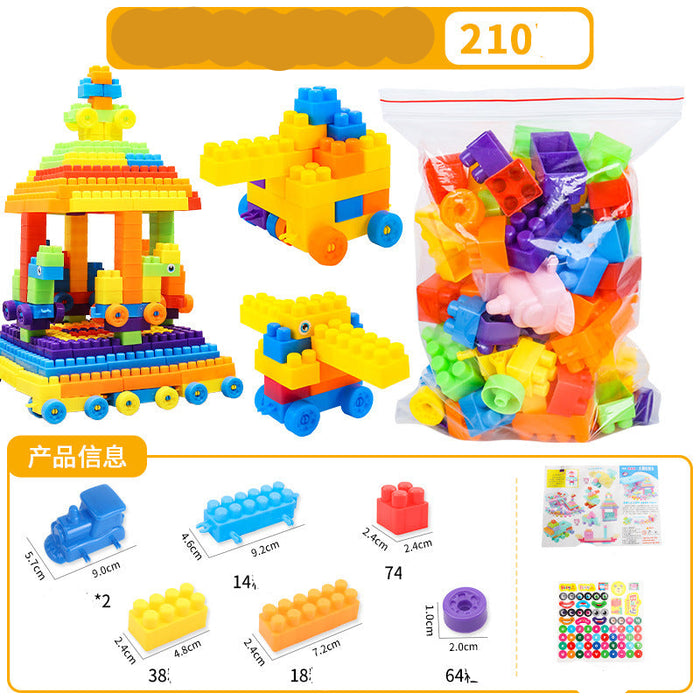 A bag of colorful large-grained building blocks shown with assembled toy models and a product information chart. 