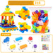 A bag of colorful large-grained building blocks shown with assembled toy models and a product information chart. 