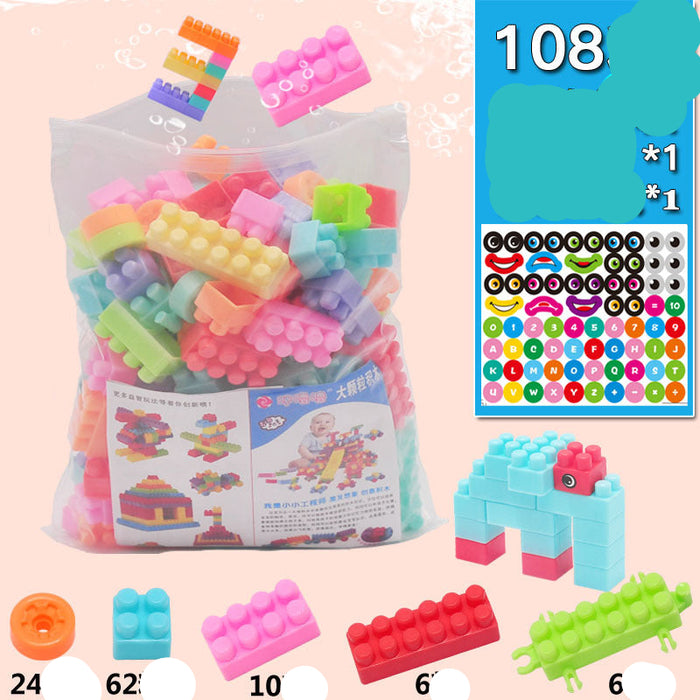 A large clear plastic bag filled with colorful plastic building blocks, shown on a pale pink background with Chinese text overlays, a sticker sheet preview, and sample block constructions.