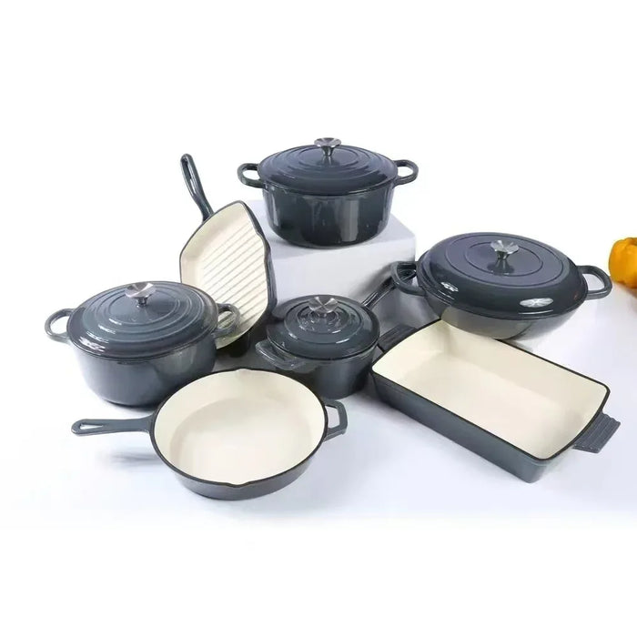 Set of cookware with gray and beige finishes on a white background