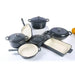Set of cookware with gray and beige finishes on a white background
