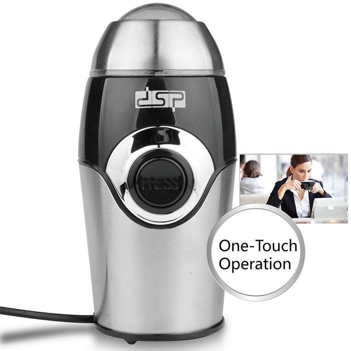 Coffee grinder with one-touch operation feature on a white background