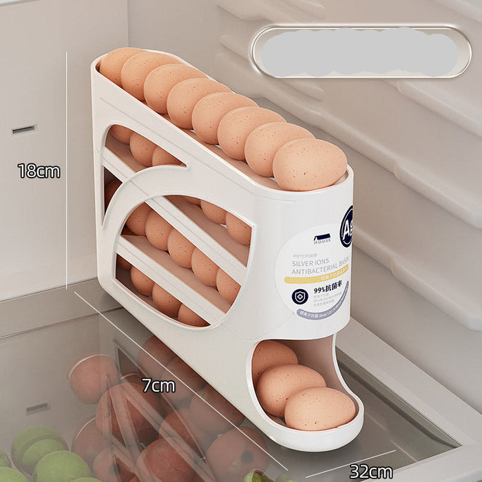 White egg holder with eggs inside, showing dimensions, in a kitchen setting.
