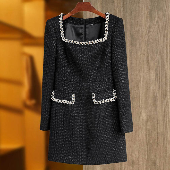Autumn/Winter New Black Burled Square Neck Beaded Waist Long Sleeve Slim Dress - Dio Kollections