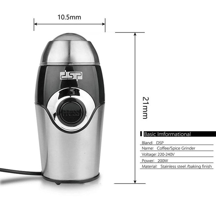 Coffee grinder with dimensions and basic information on a white background
