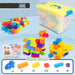 Multicolor plastic building block set with a clear storage box, loose blocks, two assembled toy structures, instruction sheets, and a bottom panel showing included piece counts by color.