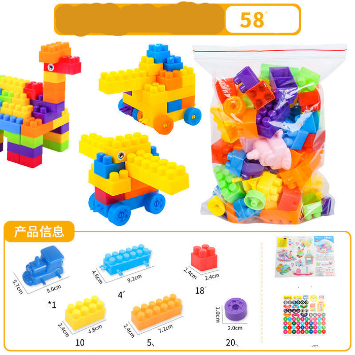 A bag of colorful oversized building blocks shown next to several assembled toy vehicles on a white background, with product information and dimensions printed below.