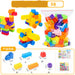 A bag of colorful oversized building blocks shown next to several assembled toy vehicles on a white background, with product information and dimensions printed below.