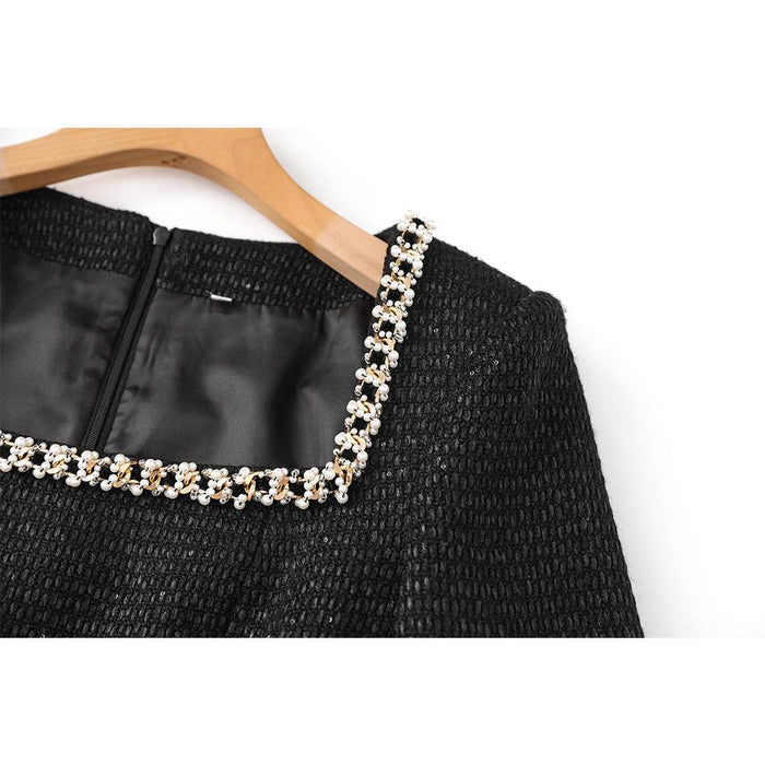 Autumn/Winter New Black Burled Square Neck Beaded Waist Long Sleeve Slim Dress - Dio Kollections