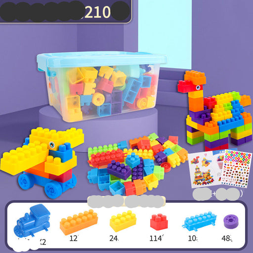 Multicolor children's building blocks set in a clear storage bin with assembled toy models, shown on a purple background with accessory counts and a sticker sheet inset.