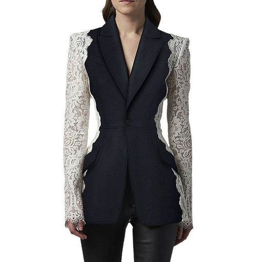 Dio Women's Elegant Slim Fit Black Lace Splicing Blazer - Dio Kollections