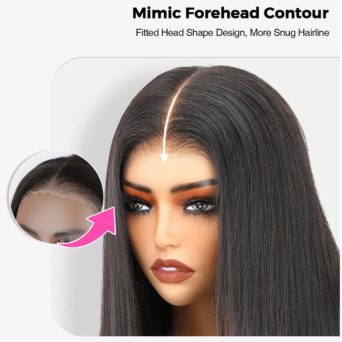 Wig with fitted head shape design and snuggly hairline, showing a close-up of the forehead contour.
