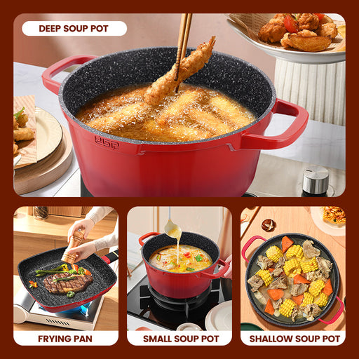 Red deep soup pot with food being fried, surrounded by images of frying pan, small soup pot, and shallow soup pot.