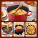 Red deep soup pot with food being fried, surrounded by images of frying pan, small soup pot, and shallow soup pot.