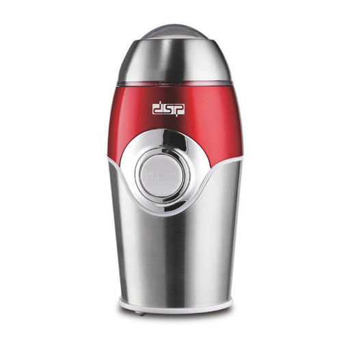 Red and silver spice grinder on a white background