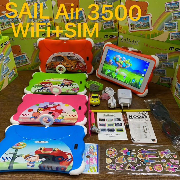 Children's tablets with colorful cases and accessories on a table