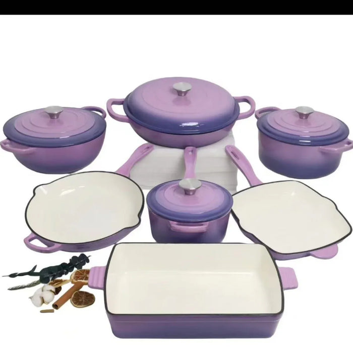 Set of purple cookware with white interiors on a white background