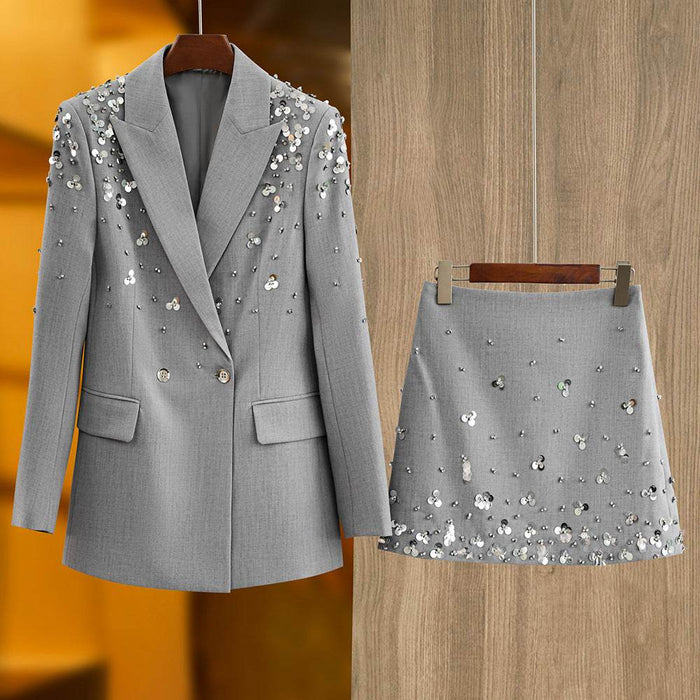 New Gray Suit Skirt Heavy Bead Sequin Fashion Short Skirt Set Two-Piece Set - Dio Kollections
