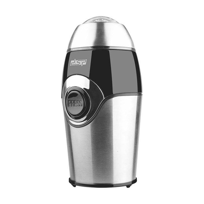 Silver and black coffee grinder on a white background