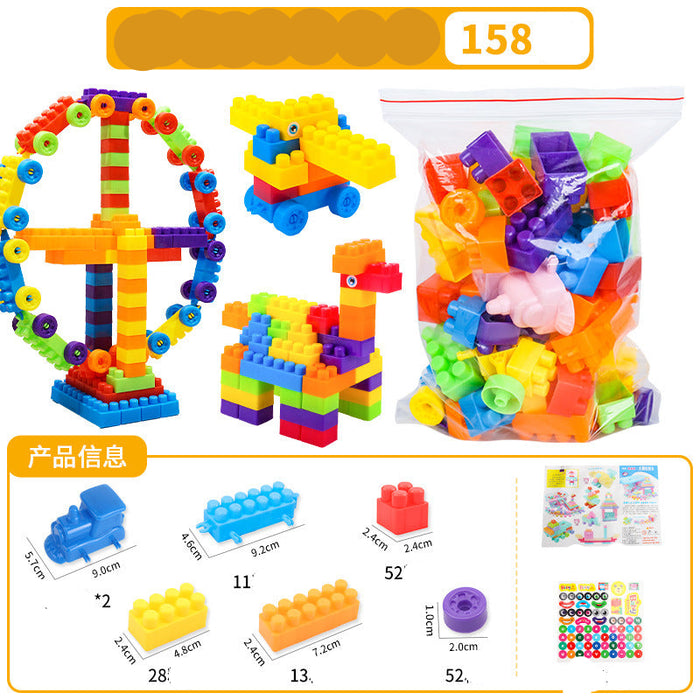 Multicolor large-grain building blocks set in a clear plastic bag, shown with assembled toy models including a Ferris wheel and dinosaur, plus a product information chart and included accessories on a white background.