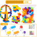Multicolor large-grain building blocks set in a clear plastic bag, shown with assembled toy models including a Ferris wheel and dinosaur, plus a product information chart and included accessories on a white background.