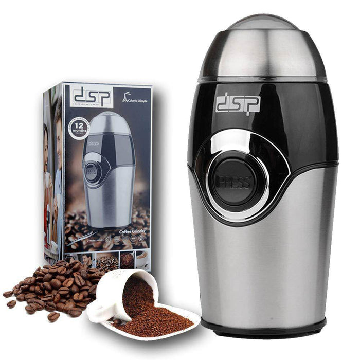 Coffee grinder with coffee beans and ground coffee on a white background