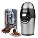 Coffee grinder with coffee beans and ground coffee on a white background