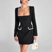 Autumn/Winter New Black Burled Square Neck Beaded Waist Long Sleeve Slim Dress - Dio Kollections