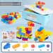 Multicolor children's building blocks set shown with a light blue storage bin, loose blocks, assembled animal and vehicle models, instruction sheets, and a bottom panel showing included piece counts and colors.